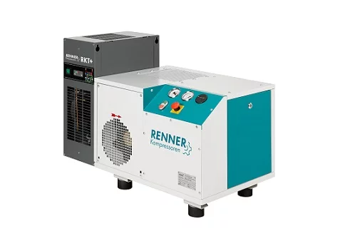 Kompresor śrubowy 11,0kW RENNER z osuszaczem ziębniczym, wydajność przy 10bar: 1,54m3/min, sterownik RENNERtronic Touch, przyłącze: 1/2", poziom hałasu: 81dB(A), wymiary: 1031x572x803mm, waga: 243kg