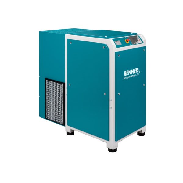 Kompresor śrubowy olejowy 11kW RENNER z falownikiem, sterownik elektroniczny RENNERtronic Touch, wydajność przy 10bar: 0,42-1,56m3/min, ciśnienie max.10bar, poziom hałasu: 69dB(A), waga: 263kg, wymiary: 824x553x1014mm, przyłacze: 1/2"